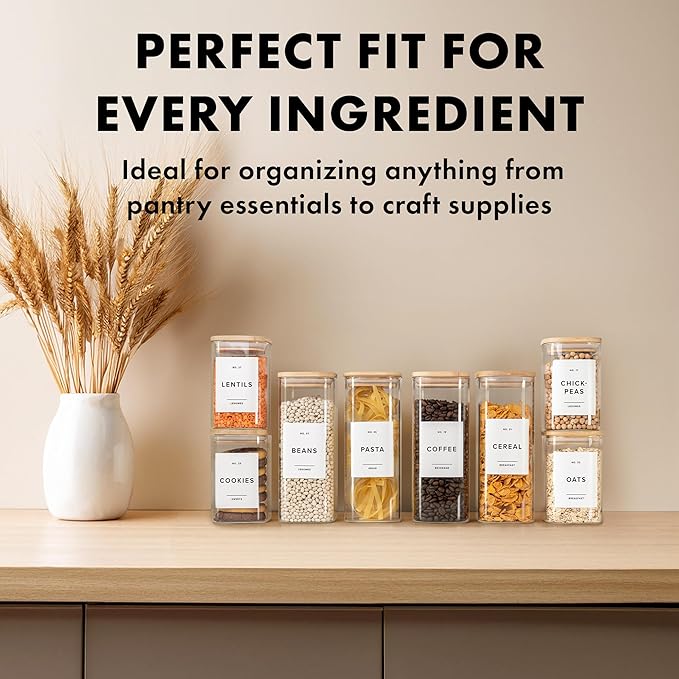 Square Glass Storage Containers with Bamboo Lids 12-Pack (4x 30 oz, 8x 17 oz) Airtight Storage Jars with Lids for Food, Stackable Kitchen Canisters with 114 Labels for Pantry [Thicker Glass 3mm]