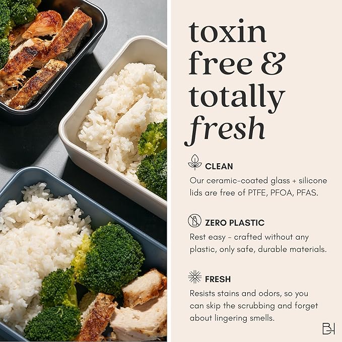 Ceramic Coated Glass Food Storage Container | No PTFE, PFOA, PFAS, and BPA | Reusable Non Toxic Meal Prep Container with Glass Lid | Easy To Store | 6 Piece Food Prep [Willow]