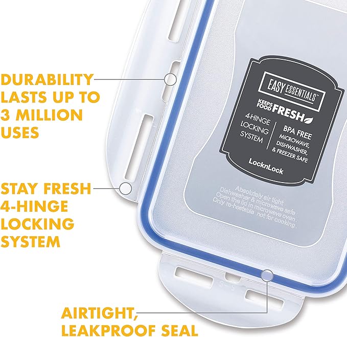 LocknLock Easy Essentials Airtight Rectangular Tall Food Storage Container 7.61 Cup, 4 Piece, Clear