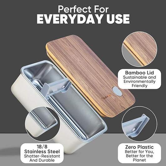 Leak Resistant Stainless Steel Bento Box For Adults|Stainless Steel Lunch Box for Adults |44Oz| BentoBox/Lunchbox| Lunch Container | Microwave Safe (Bottom container) |Bamboo Lid- Vanilla