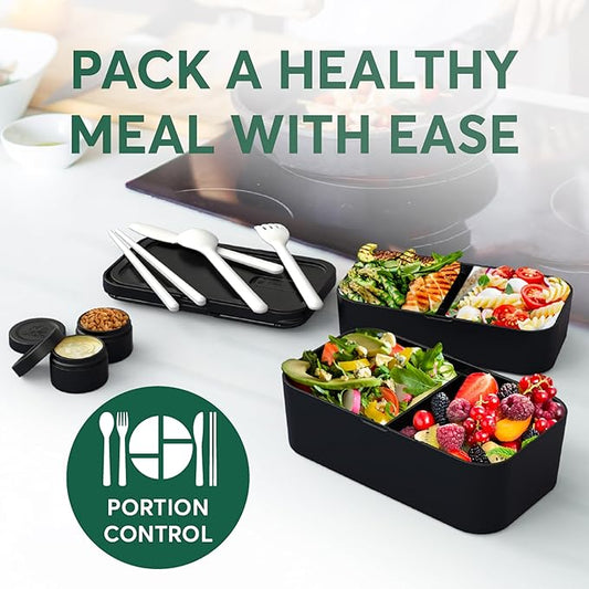 Umami Lunch Box Containers w/ 4 Utensils, 2 Sauce Jars, Nestable Space-Saving Bento Box Adult, 100% Leakproof, Microwavable Lunch Containers for Adults, Design Award Winner, Onyx Black, 50 oz