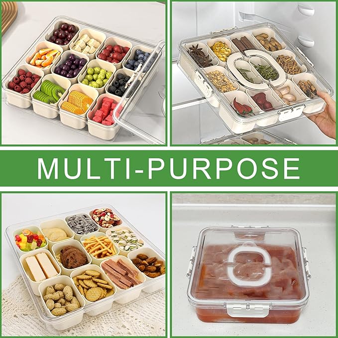 Divided Serving Tray with Lid and Handle, Portable Snack Box, 12 Compartments Veggie Fruit Tray, Charcuterie Platter Snackle Box Container for Party, Nuts, Snacks, Entertaining, Picnic, 2 Pack