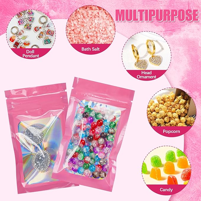 100 Pcs Holographic Bags Smell Proof Bags with Clear Window Packaging Bags for Food Storage Sealable Bags for Small Business(3×5Inch)