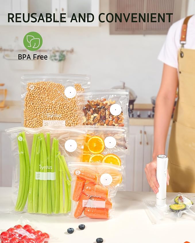 [2025 Upgraded] Syntus Vacuum Sealer Bags for Food, 60 Pcs (S+M+L) 8" x 10" and 10" x 13.8" and 11.8" x 13.8" Food Storage Bags for Sous Vide Cooking Microwave Heating, Air Valve Zipper Bags