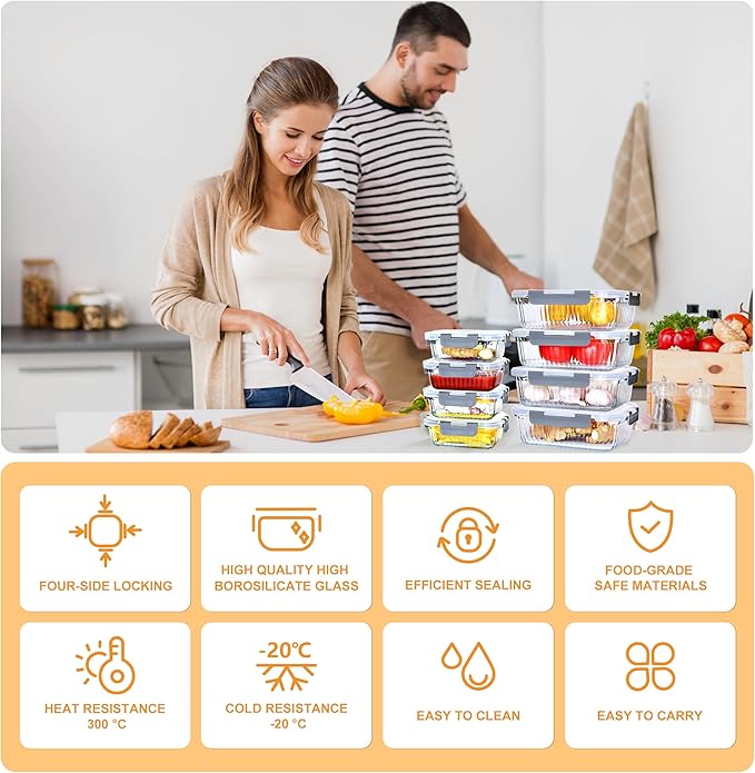16 Piece Glass Storage Containers With Lids - 12.5+35.1 OZ Black Rectangles for Meal Prep, Microwaveable, Frozen Storage