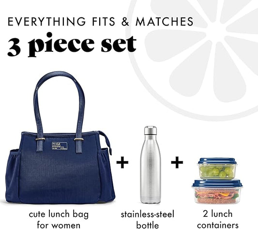 Fit & Fresh Lunch Bag For Women, Insulated Womens Lunch Bag For Work, Leakproof & Stain-Resistant Large Lunch Box For Women With Container and Matching Bottle, Zipper Closure Copley Bag Navy