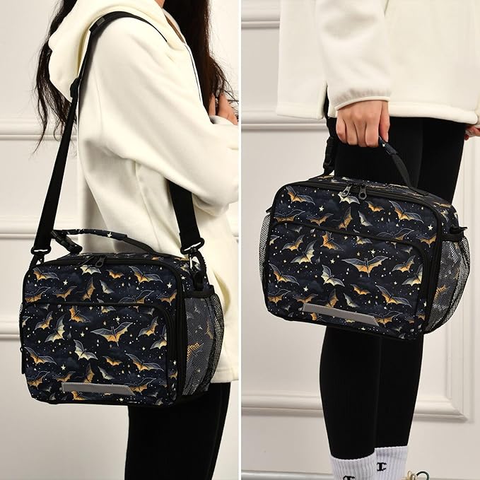 MNSRUU Student Lunch Bag Gothic Skull Bat Insulated DinnerTotes Picnic Bag Lunch Box with Adjustable Shoulder Strap for Teen Kids Adults