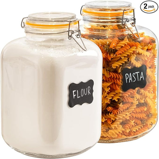 Galashield Gallon Glass Jars with Airtight Lid Large Glass Flour Sugar Storage Containers Canisters Leak-proof Lid Labels and Marker (2 Pack)