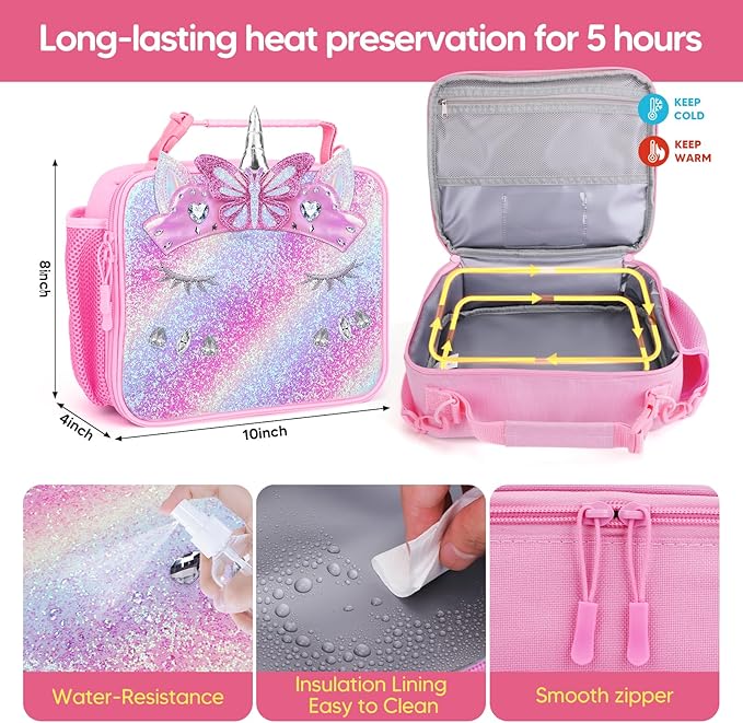 JYPS Unicorn Bento Box for Kids with Insulated Lunch Bag, Lunch box Set with kids water bottle,Sauce Container,Ice Pack,Utensils,Perfect Lunch Container for Girls and Toddlers Back to School Age 7-15