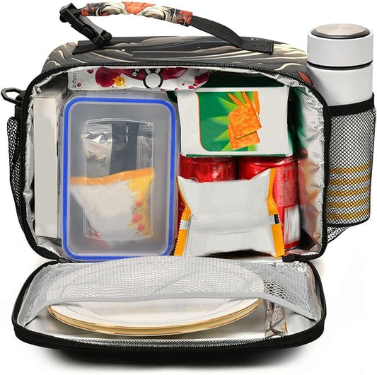 MNSRUU Student Lunch Bag Fox and Flowers Insulated DinnerTotes Picnic Bag Lunch Box with Adjustable Shoulder Strap for Teen Kids Adults