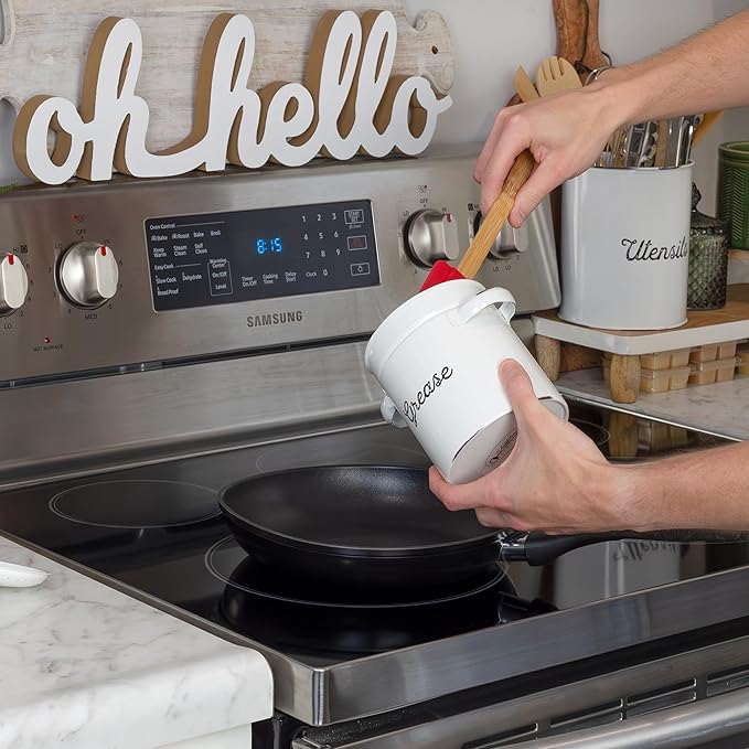 AuldHome Design Enamelware Grease Container w/ Strainer, Farmhouse Style Kitchen StorageTin, Labeled "Grease"