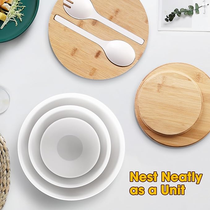 ShineMe Salad Serving Bowls with Lid and Utensils, 10" Bamboo Fiber Large Salad Bowl Set of 3, Kitchen Mixing Bowls for Preparing, Storing and Serving Cereal, Fruit,Chips, Bread