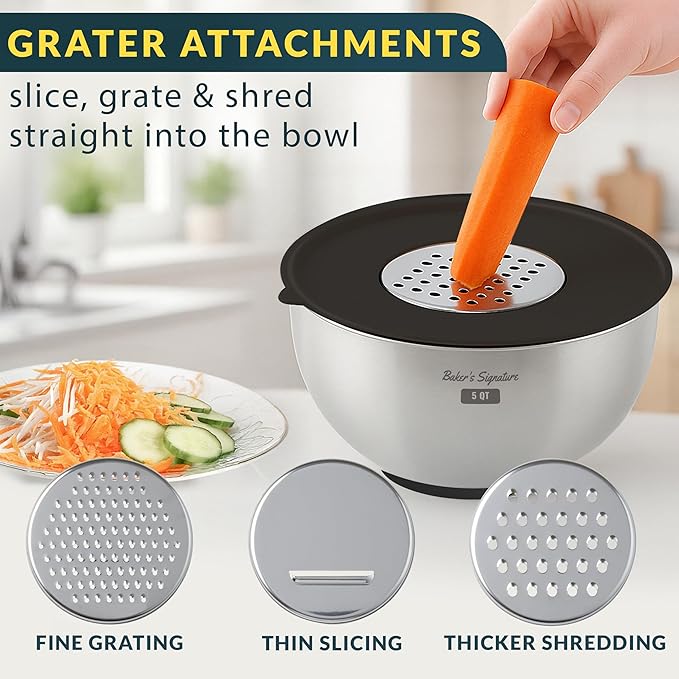 Stainless Steel Mixing Bowls with Lids Set, 5 Sizes, 3 Graters, Non-Slip Base, Airtight Lids, Metal Mixing Bowls for Kitchen, Food Prep, Storage, 0.63QT-5QT, Black