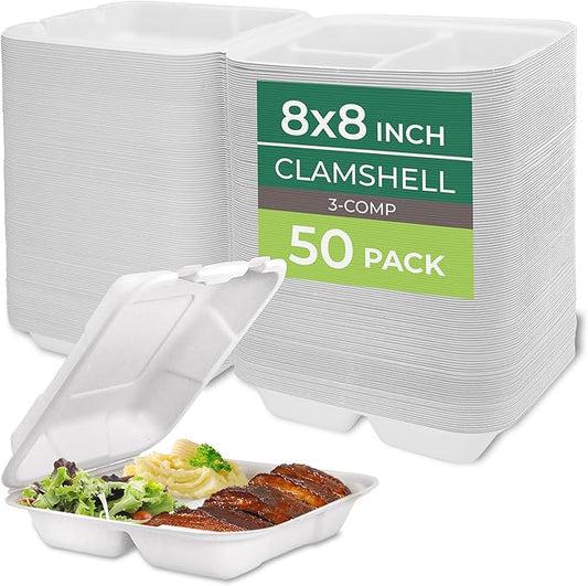 Freshware Clamshell Food Containers with Lids [8x8] 3-Compartment 50-Pack, Disposable To Go Containers, Biodegradable Sugarcane To Go Boxes - Paper Containers - Microwave & Freezer Safe, Stackable