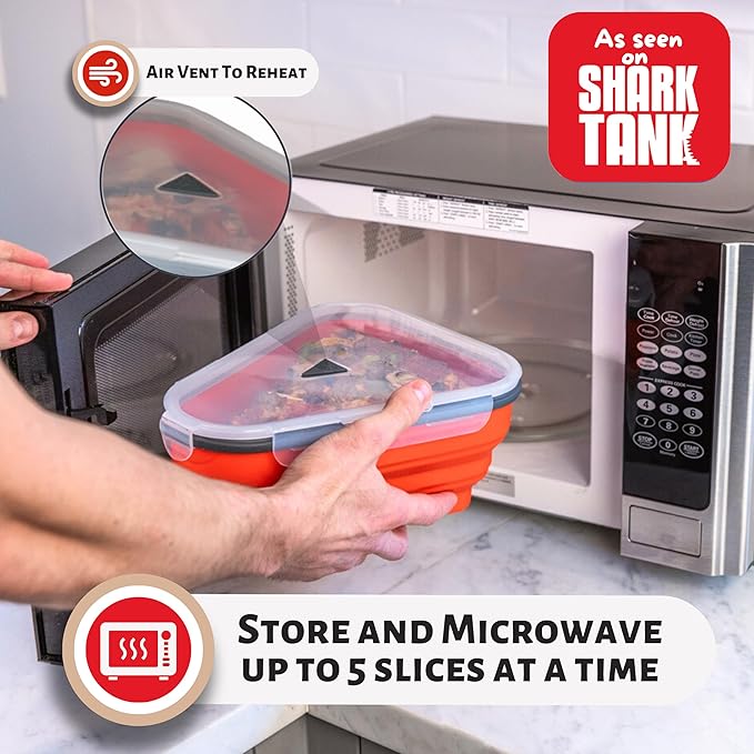 PIZZA PACK The Perfect Reusable Pizza Storage Container with 5 Microwavable Serving Trays - BPA-Free Adjustable Pizza Slice Container to Organize & Save Space, 3 Pack, Red