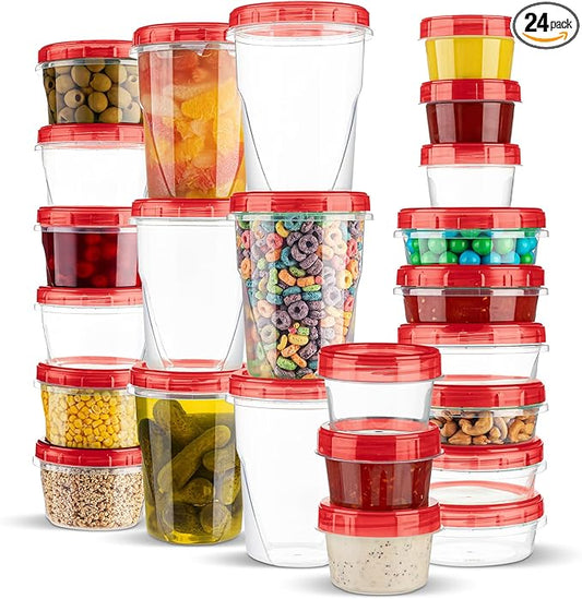 PLASTICPRO 24 Pack Twist Top Containers Assorted Sizes Plastic Food Storage Containers with Red Twist on Lids Stackable Reusable