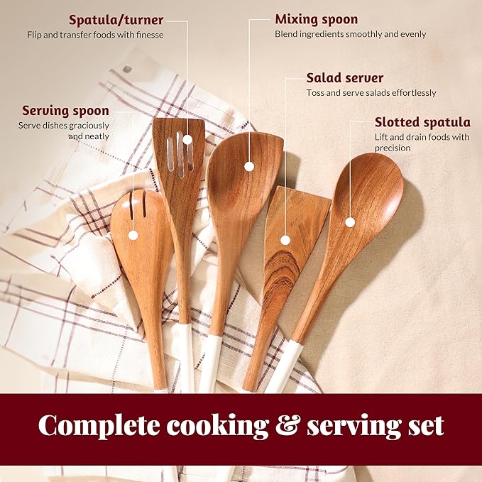 Folkulture Wooden Spoons for Cooking | 12" Premium Acacia Wooden Utensil Set of 5 - Smooth Finish, Soft Comfort Cooking Utensils Set for Kitchen, Gifts | Non Stick Wooden Cooking Utensils Set of 5