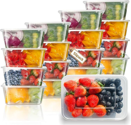 50pk 24oz 750ml meal prep container microwave safe, 24 oz plastic deli containers with lids, to go food containers for left over preparing dessert lunch dinner [Clear]