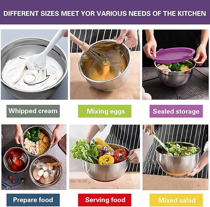 Bowls with Airtight Lids, 20 piece Stainless Steel Metal Nesting Bowls, Non-Slip Colorful Silicone Bottom, Size 7, 3.5, 2.5, 2.0,1.5, 1,0.67QT, Great for Mixing, Baking, Serving