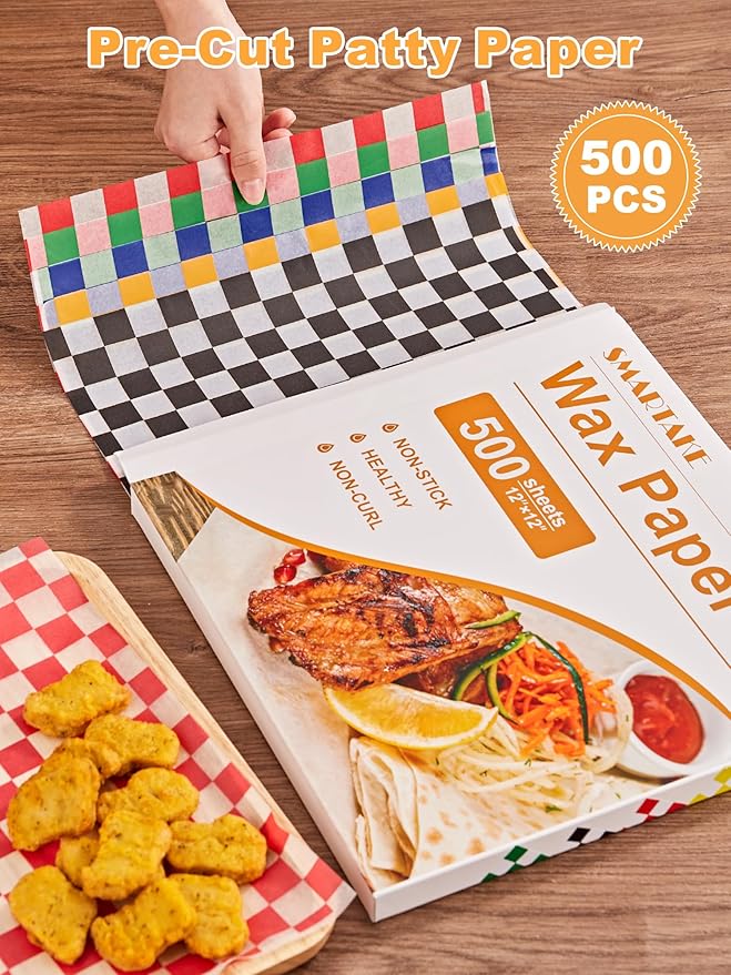 SMARTAKE 12 x 12 Inches Wax Paper for Food, 500 Pcs Non-Stick Hamburger Patty Paper, Square Sandwich Separators Wrapping Paper, for Lunch, Restaurants, Barbecues, Picnics, Parties, 5 Colors