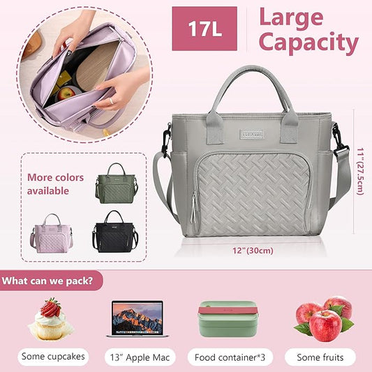 17L Insulated Lunch Bag for Women, LeakProof Insulated Work Lunch Box with Adjustable Shoulder Strap, Large Lunch Cooler Tote for Office, Commute & Travel (Stone Gray)