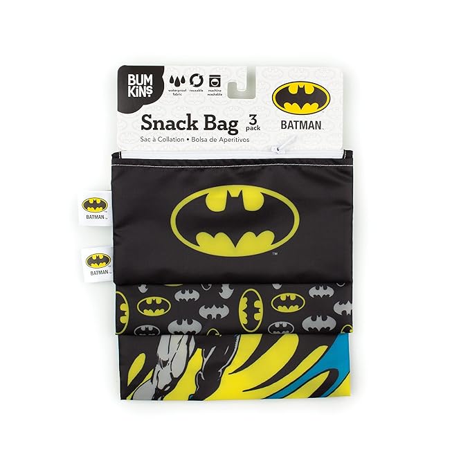Bumkins Reusable Sandwich and Snack Bags, for Kids School Lunch and for Adults Portion, Washable Fabric, Waterproof Cloth Zip Bag, Travel Pouch, Food-Safe, 3-pk Batman DC Comics