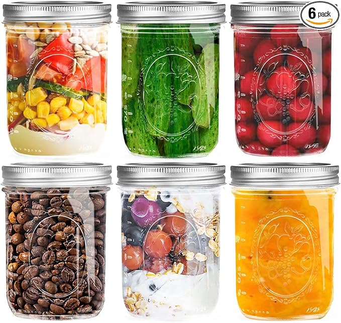 Wide Mouth Mason Jars 16 oz with Lids [6 Pack], Canning Jars with Metal Airtight Lids and Bands, 16 oz Glass Jars for Fermenting, Pickling, Freezing, Preserving, Meal Prep, Jar Décor