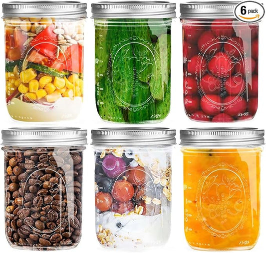 Wide Mouth Mason Jars 16 oz with Lids [6 Pack], Canning Jars with Metal Airtight Lids and Bands, 16 oz Glass Jars for Fermenting, Pickling, Freezing, Preserving, Meal Prep, Jar Décor