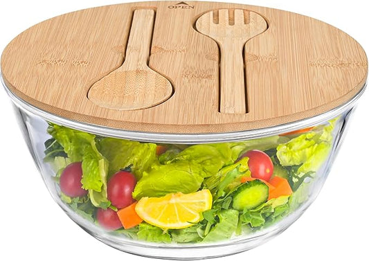 10.6" Glass Salad Bowl with Sealed Lid, 4.7 Quart Large Capacity Serving and Mixing Bowls with Utensils, Versatile Serving Dish for Salads, Trifle, Fruits, Pasta, Microwave Safe