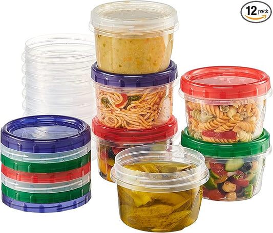 16 ounce Plastic Food Storage Containers with colored Twist Top Lids Reusable Leak Proof Deli Containers for Freezer Storage Meal Prep (12)