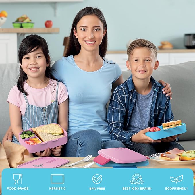 Kids Bento Lunch Box For Boys and Girls With Free Cutlery Set, 6 Sticker Sheets (5+ Years) and Parent Cards - 880 ML Leakproof 3 Compartment Lunch Box for kids, Portion Control Bento Box Kids - Blue