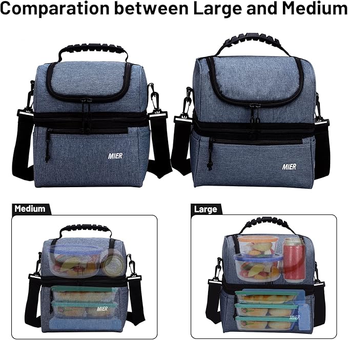 MIER Adult Lunch Box Insulated Lunch Bag Large Cooler Tote Bag for Men, Women, Double Deck Cooler (Bluesteel, Large)