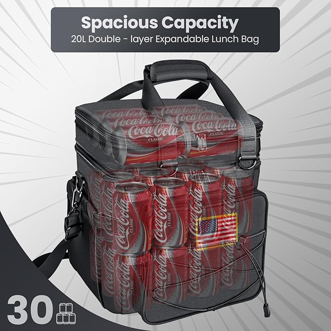 Tactical Lunch Box for Men, 20L Expandable Double Insulated Cooler Bag with Detachable Molle Pouches, Modern Tote for Adults, Waterproof and Leakproof for Work, Camping, Picnic, Hiking