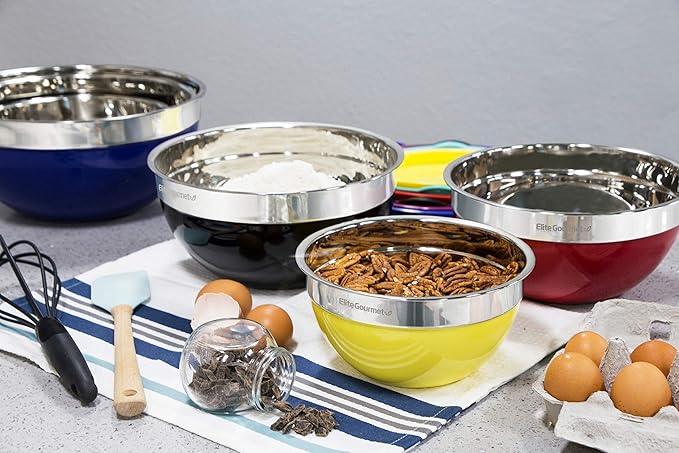 Elite Gourmet by EBS-0012 12-Piece Stainless Steel Interior Colored Stackable Nesting Mixing Bowls with Airtight Lids (Set of 6) Space Saving Food Storage, Baking, Melting Chocolate, Multi-Colors