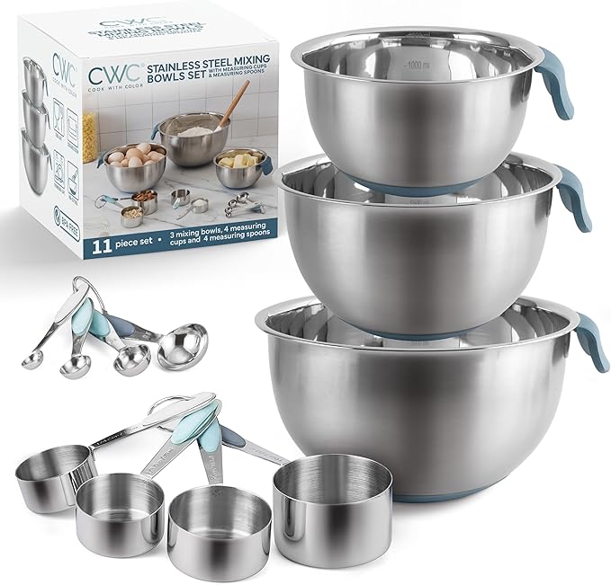 COOK WITH COLOR Stainless Steel Mixing Bowls Set and Measuring Cups- Nesting Bowls with Non-Slip Bottom and Easy-Grip Handles, Blue, 11 Pieces