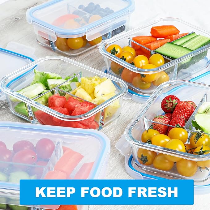 BAYZZ 5 Pack 35 Oz Glass Meal Prep Containers 3 Compartments, Glass Food Storage Containers with Lids, Airtight Bento Box Lunch Container-Microwave, Freezer & Dishwasher Safe, Blue