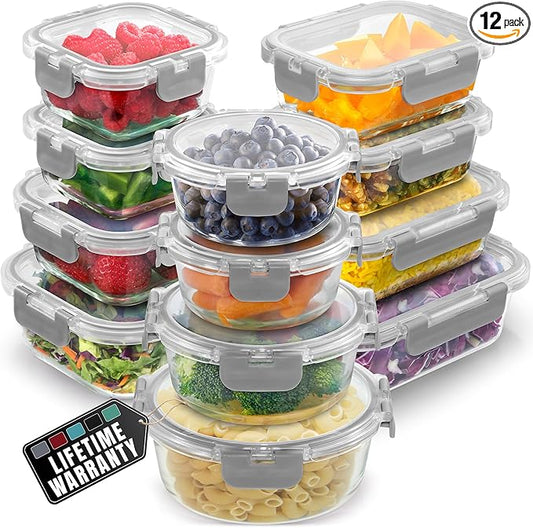 Zulay Kitchen 12 Pack Glass Meal Prep Containers with Lids - Airtight, Premium Borosilicate Glass Food Storage Containers - Microwave, Freezer & Oven Safe, BPA Free - Gray