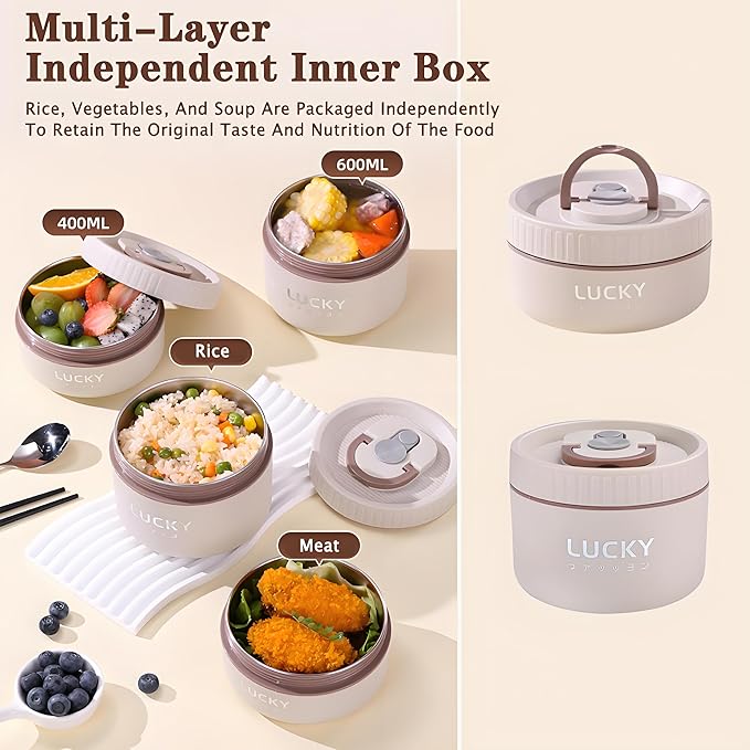 Stainless Steel Lunch Box, 3-Tier Insulated Bento Box Microwave Safe Soup Bowl for Adults, Thermal Food Container for Office Workers (Beige, 2pcs + Tableware + Insulated Bag)