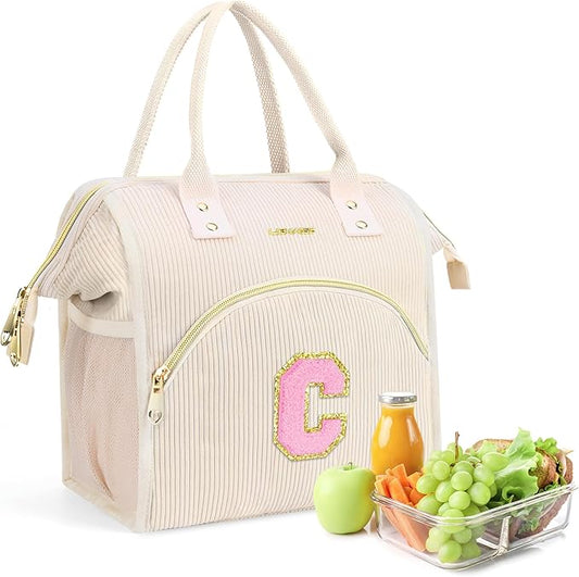 Personalized Initials Lunch Box for Women& Men, Preppy Reusable 10 L Insulated Lunch Bag, Leakproof Large Cdults lunch tote Cooler Bags Insulated for Beach,Travel,Work, Picnic-Birthday Gifts（Beige C）