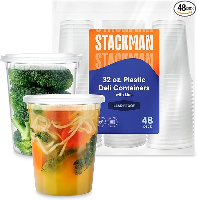 Soup Containers with Lids [48 Sets -32 oz.] Quart Plastic Deli Container - Deli Food Storage Containers with Airtight Lids for Freezer & Restaurant Takeout