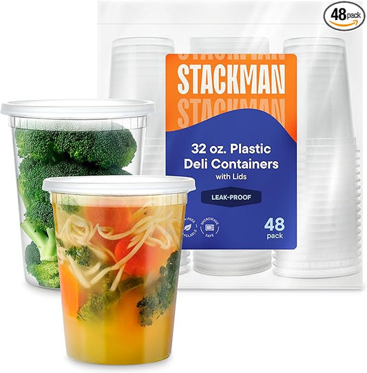 Soup Containers with Lids [48 Sets -32 oz.] Quart Plastic Deli Container - Deli Food Storage Containers with Airtight Lids for Freezer & Restaurant Takeout
