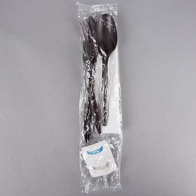 100 Pack Medium Weight Wrapped Black Plastic Cutlery Pack with Napkin and Salt/Pepper Packets (Black)