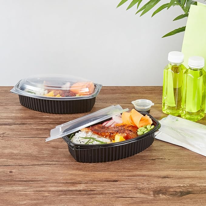 Restaurantware RW Base 32 Ounce Meal Prep Containers, 100 Microwavable To Go Containers With Lids - Disposable, Freezable, Black Plastic Oval Food Containers, Pack Hot And Cold Food, For Takeaway