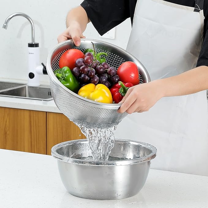 304 Stainless Steel Microporous Colander, 3.5QT Large Capacity with Mixing Bowl For washing vegetables fruit and rice and for draining cooked pasta(2PC)