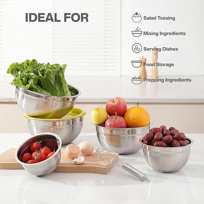 Mixing Bowls with Lids Set of 7PCS Stainless Steel Mixing Bowls, Mixing Bowl Set for Baking Cooking Food Prep & Non-Slip, Includes Measuring Cups Spoon brush whisk and other 11 Kitchen Tools