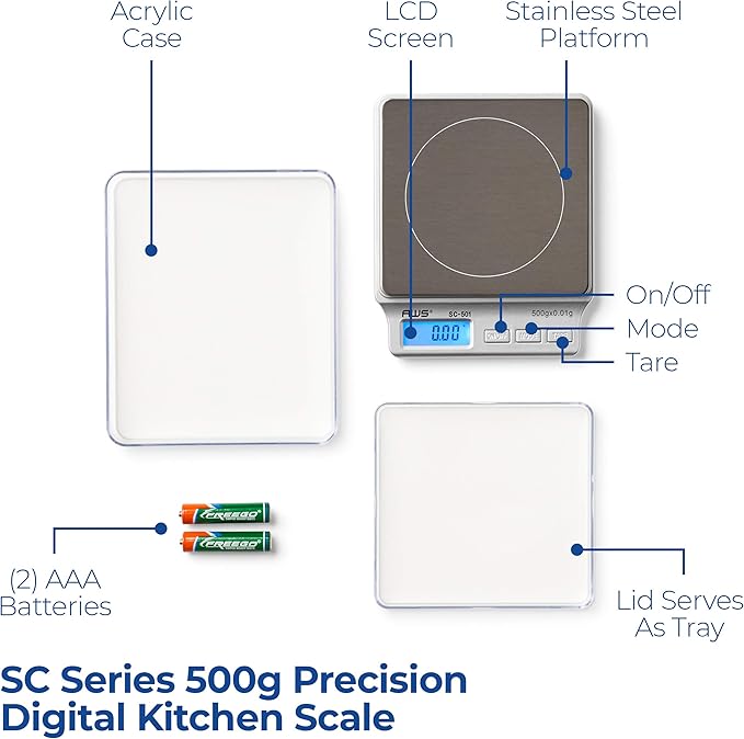 American Weigh Scales SC Series Precision Digital Food Kitchen Weight Scale, LCD Display, Silver, 500 x 0.01G (AMW-SC-501)