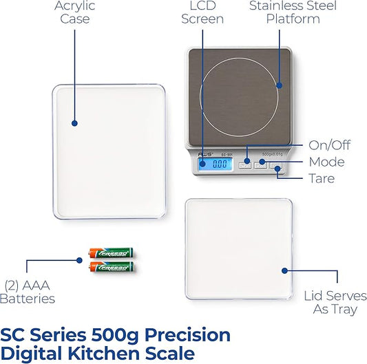 American Weigh Scales SC Series Precision Digital Food Kitchen Weight Scale, LCD Display, Silver, 500 x 0.01G (AMW-SC-501)