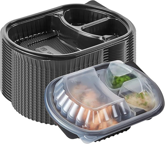 Restaurantware RW Base 27 Ounce Meal Prep Containers, 50 Microwavable To Go Containers With Lids - 3 Compartments, Disposable, Black Plastic Oval Food Containers, For Hot And Cold Food, Freezable