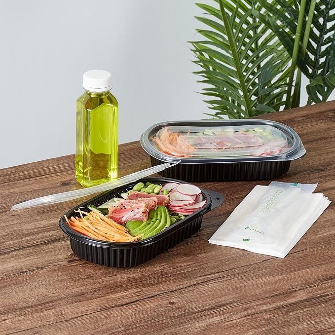 Restaurantware RW Base 25 Ounce Meal Prep Containers, 100 Microwavable To Go Containers With Lids - Disposable, Freezable, Black Plastic Oval Food Containers, Pack Hot And Cold Food, For Takeaway