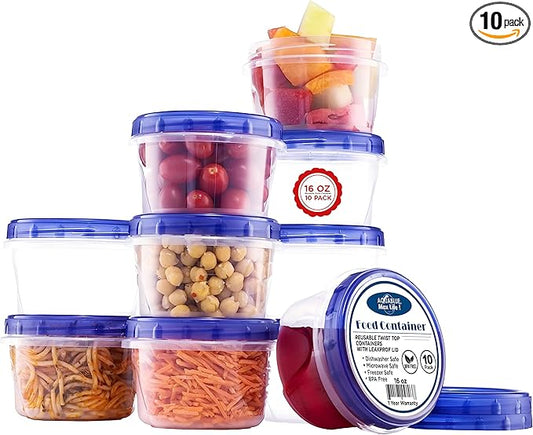 AQUA BLUE Soup Freezer Storage Containers With Twist Top lids [16 Oz - 10 Pack] Reusable Plastic Food Container with Screw On Lids, leak proof, Airtight, Stackable, Microwave Safe BPA Free